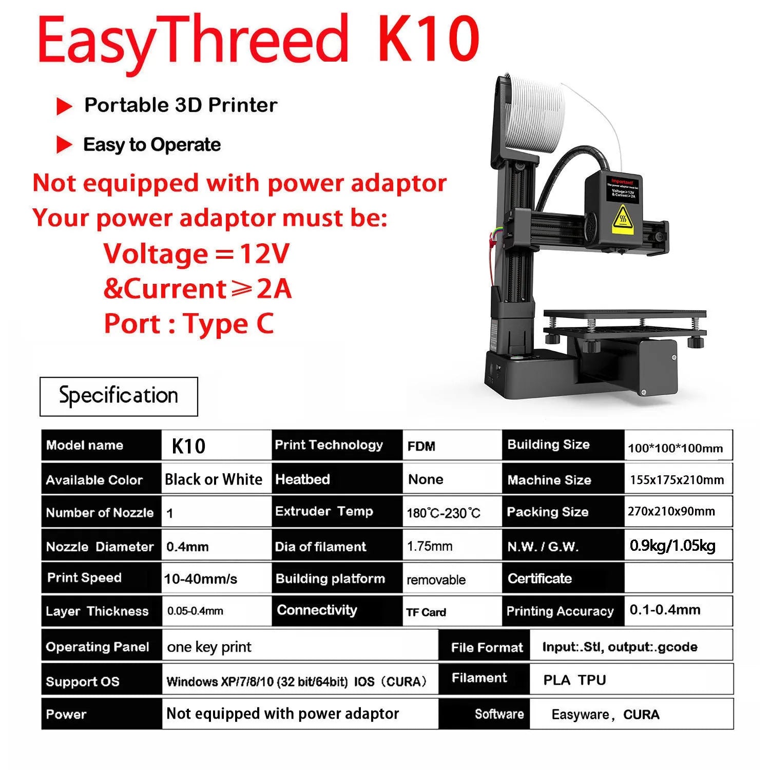 White EasyThreed K10 desktop 3D printer with 175mm build volume for TPU and PLA filaments