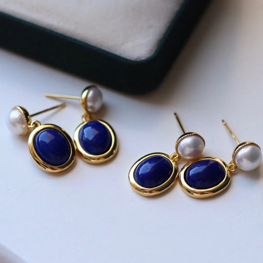 Natural lapis lazuli pearl earrings in sterling silver with auspicious patterns.
