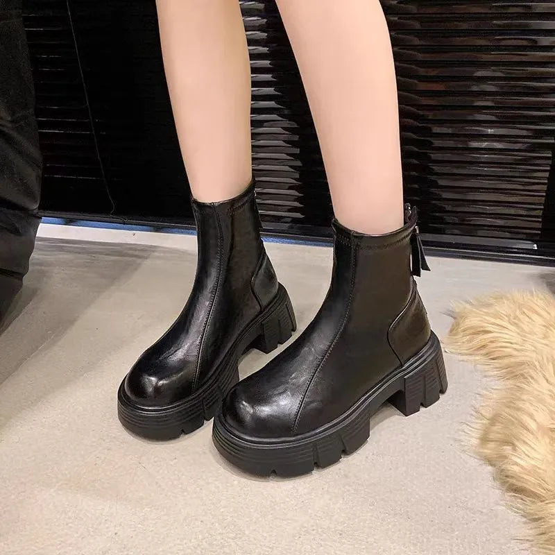 Women's soft bottom British style imitation leather skinny boots with square heel and back zipper, black, autumn winter