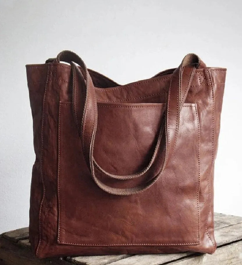 Women's PU shoulder handbag square vertical shape zipper pocket vintage sewing line detail brown black