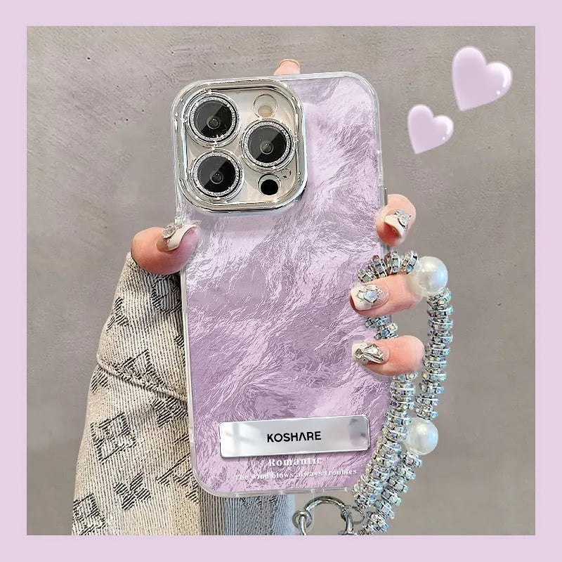 Ice blue gradient hard PC phone case with invisible bracket and silver chain for iPhone 15 Pro Max
