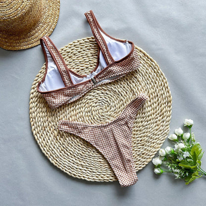 Brown plaid split women's swimsuit with high-waist design and sleeveless construction