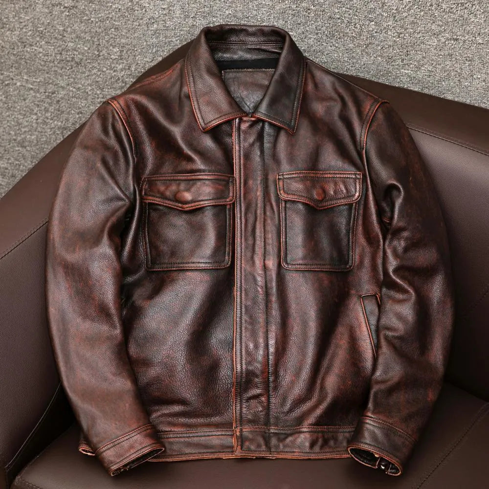 Men's plus size black retro lapel short leather jacket with side pockets on a model.