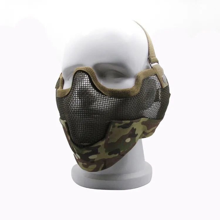 Carbon steel net protective face mask with head-mounted straps in a camouflage pattern.