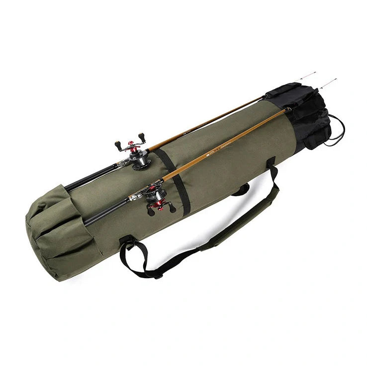 Black cylindrical fishing bag showing 116cm length and 23.5cm diameter with fishing rod storage