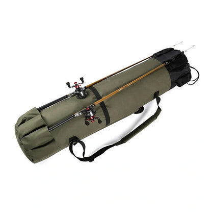 Black cylindrical fishing bag showing 116cm length and 23.5cm diameter with fishing rod storage