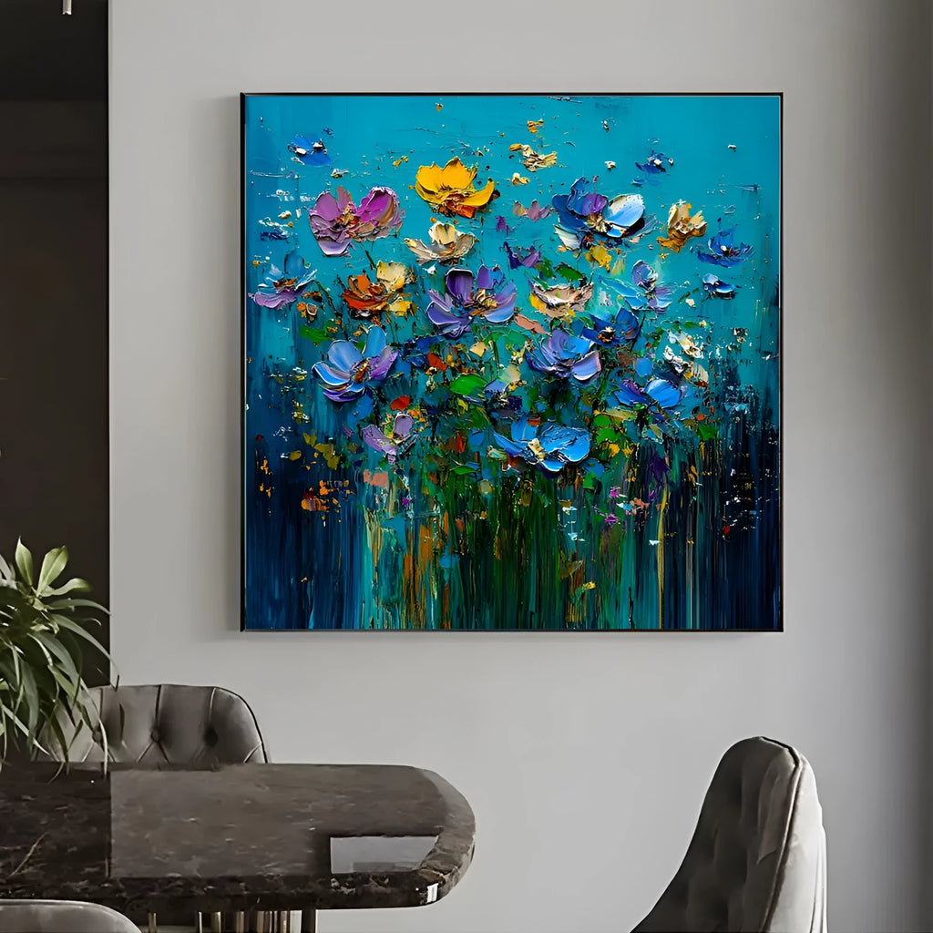 Hand-painted knife flower oil painting on square canvas, modern floral design, unframed, textured 3D effect
