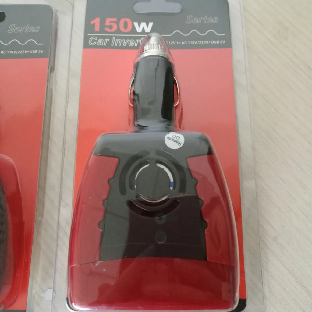 Red 150W car inverter with 12V to 220V/110V output and dual cigarette lighter sockets, 12 x 6.5cm