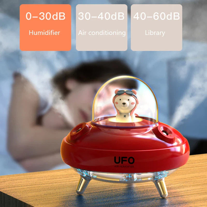 Wireless UFO-shaped air humidifier with dual nozzles and cute cartoon bear design, perfect for adding moisture and style to any Kiwi home