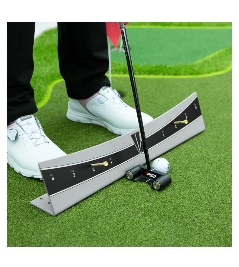 Adjustable golf putter trajectory balance simulator with PVC construction on a flat surface