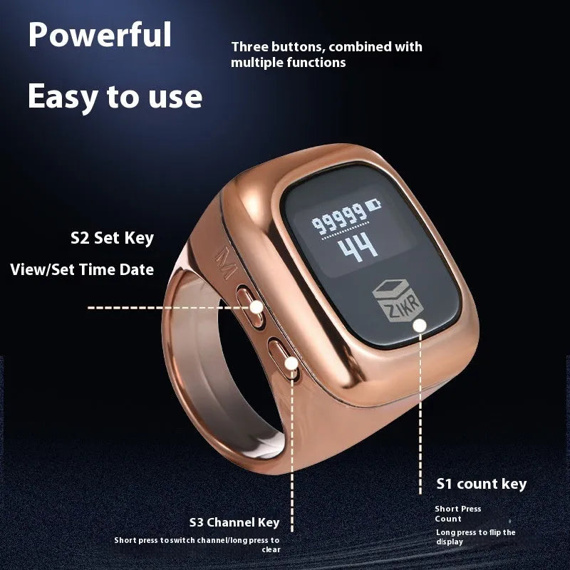 Al-fatiha Zikr electronic counter on wrist showing digital display, available in black, rose gold, silver, wine red, green.