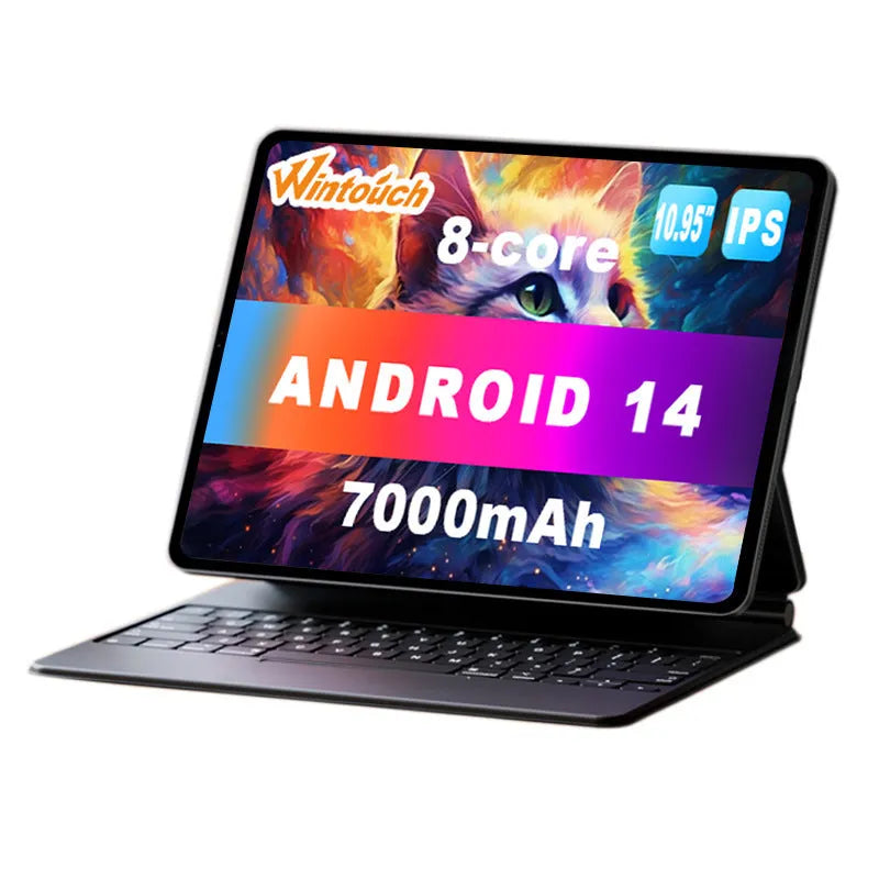 10-inch bare metal blue tablet PC with keyboard leather case open