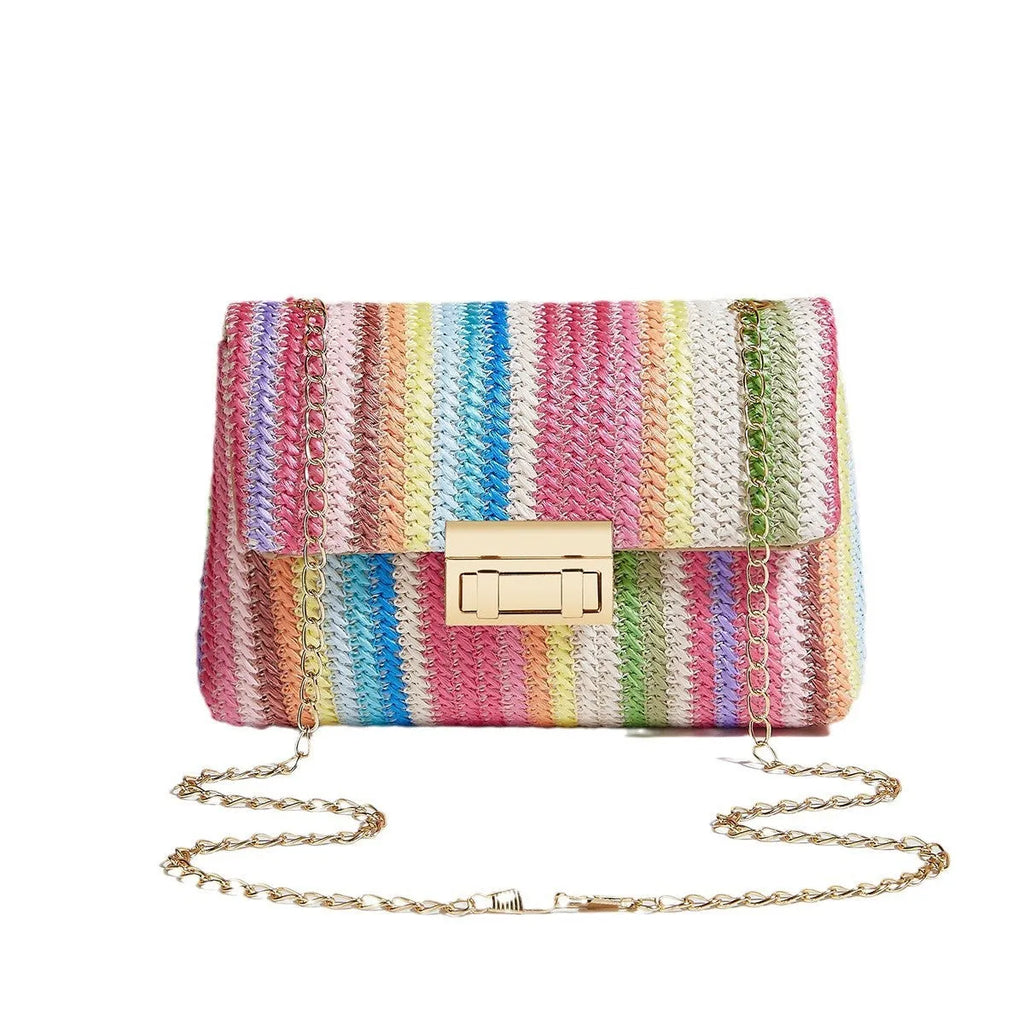 Soft straw women's cross-body bag in horizontal square shape with phone compartment