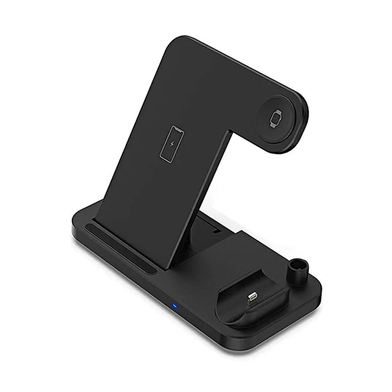 Black four-in-one wireless phone charger with QC3.0 charging head for multiple device charging