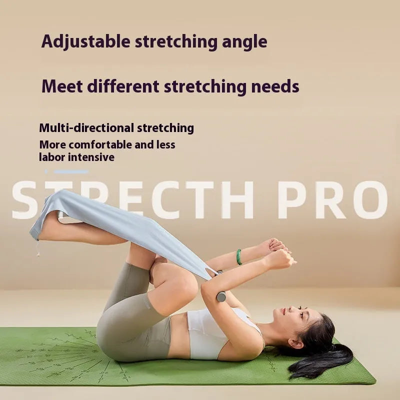 Grey and pink yoga multi-function stretching tool for shoulder, back, and hip exercises.