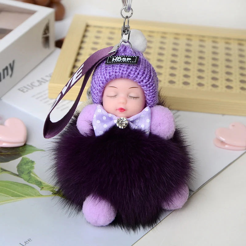 Hand-woven fox fur sleeping doll plush keychain pendant with or without bow