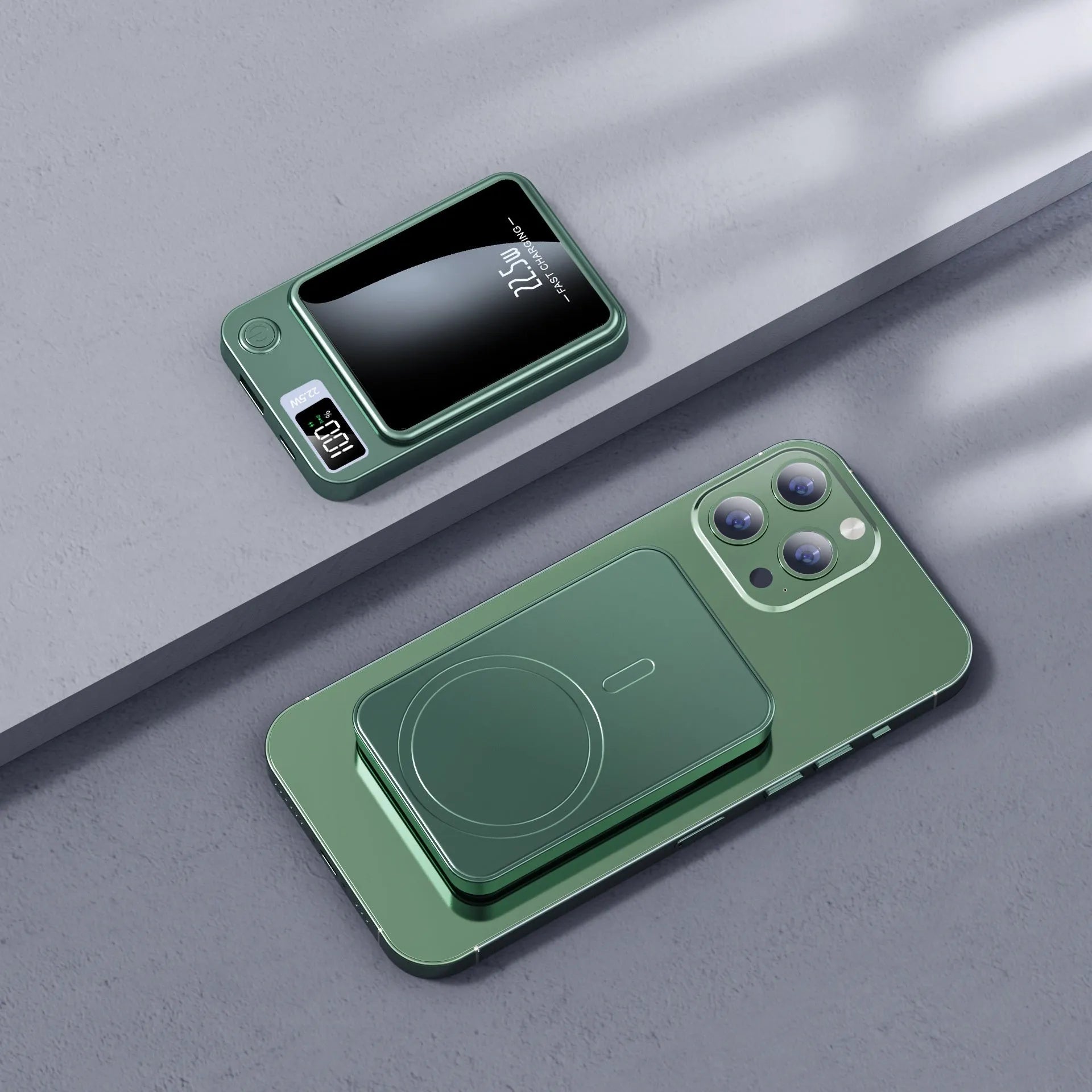 Wireless MagSafe power bank in black, white, purple, or green with industrial plastic shell