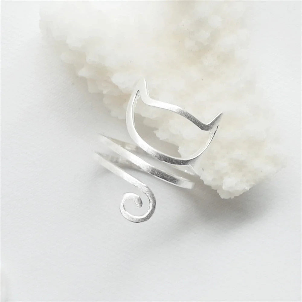 S925 silver adjustable cute cat ring with winding cat collar design and brushed finish