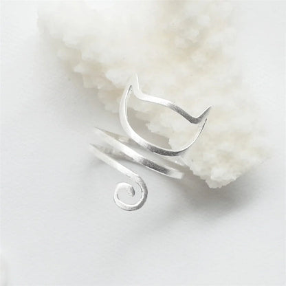 S925 silver adjustable cute cat ring with winding cat collar design and brushed finish