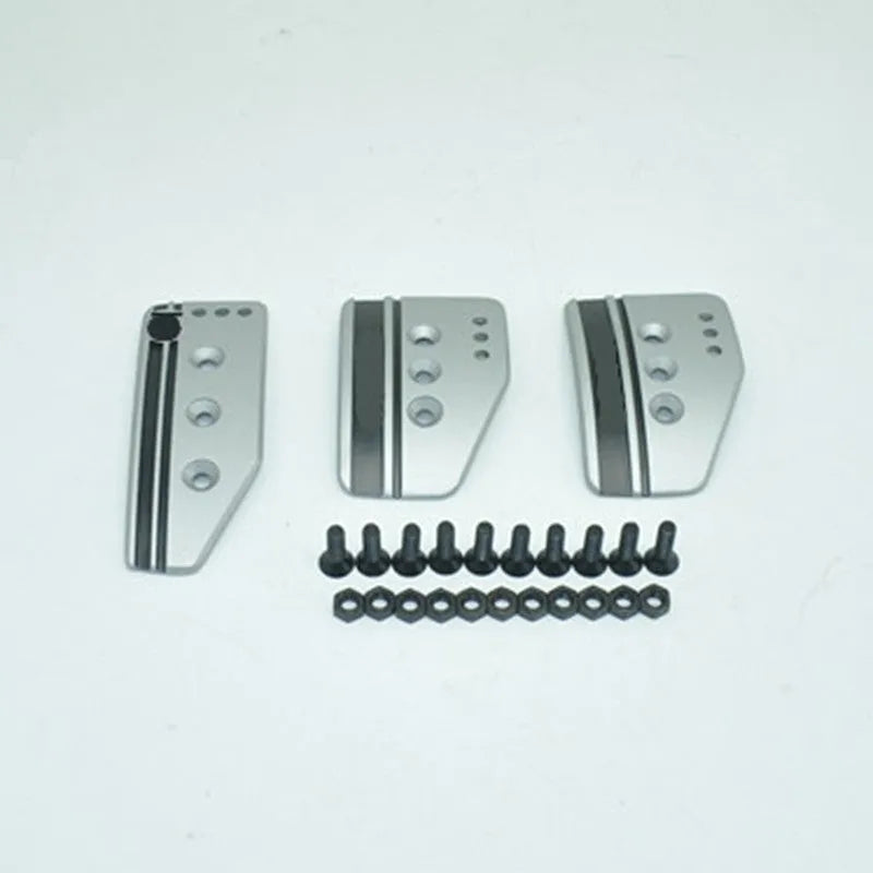 Aluminium alloy manual transmission car pedal set showing brake, clutch and accelerator pedals with mounting hardware