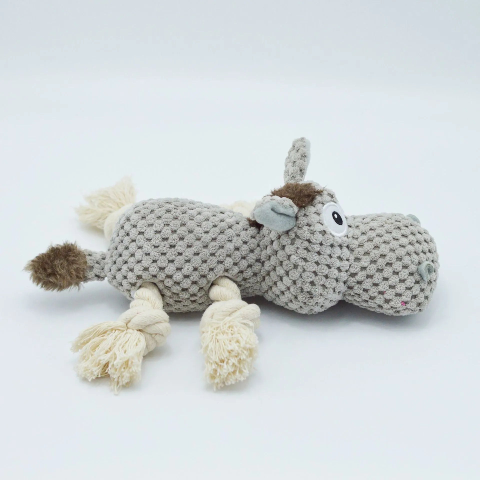 Grey donkey-shaped plush dog toy with squeaker measuring 27cm long