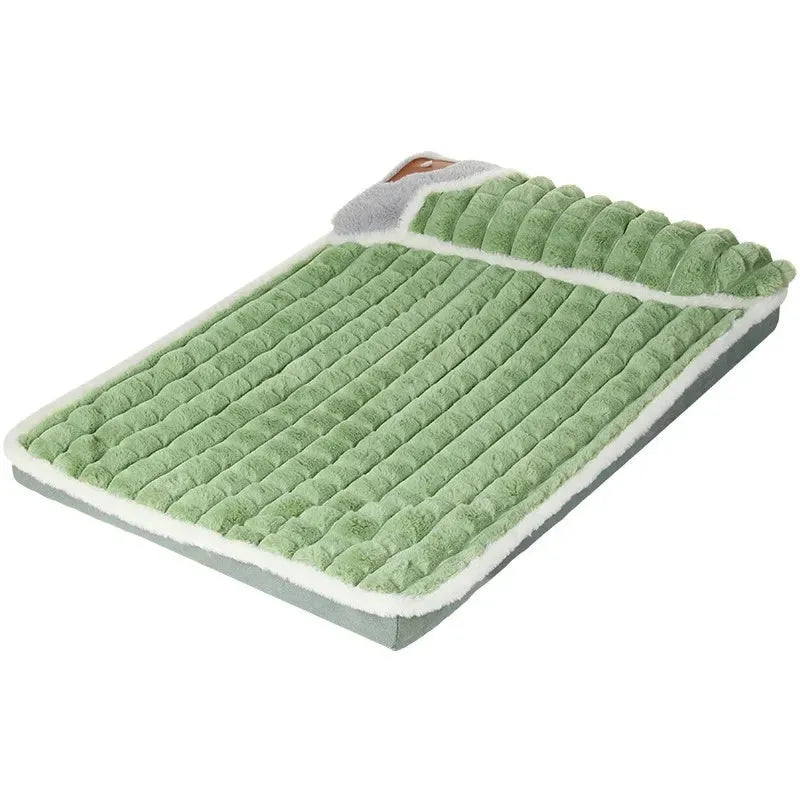 A large grey washable dog mat with a detachable cover, shown with a dog lying on it.