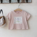 Girls retro pure colour cotton T-shirt with flower patches in pink, suitable for height 90-150cm