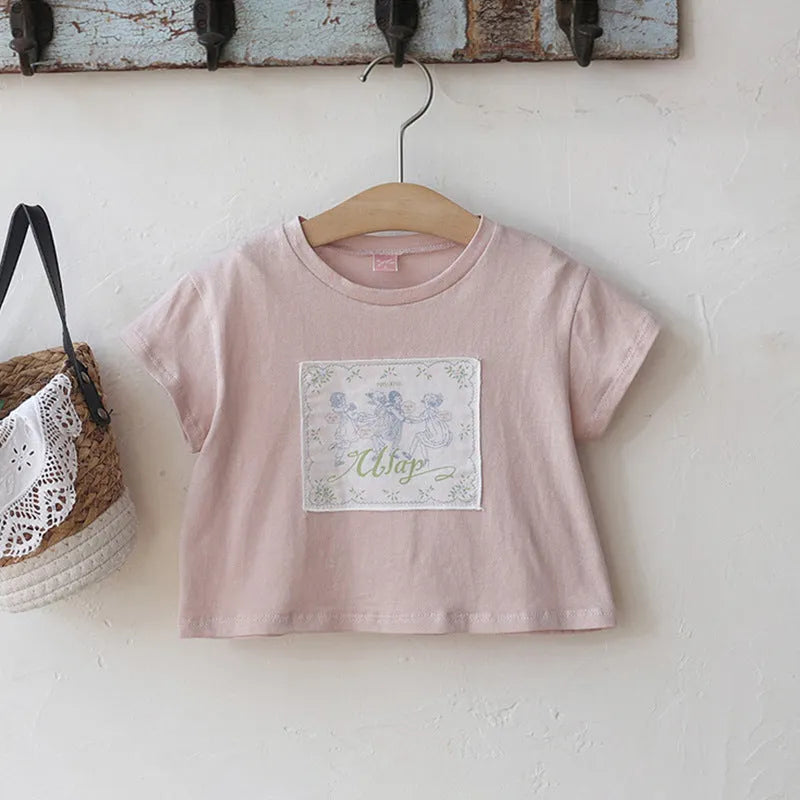Girls retro pure colour cotton T-shirt with flower patches in pink, suitable for height 90-150cm