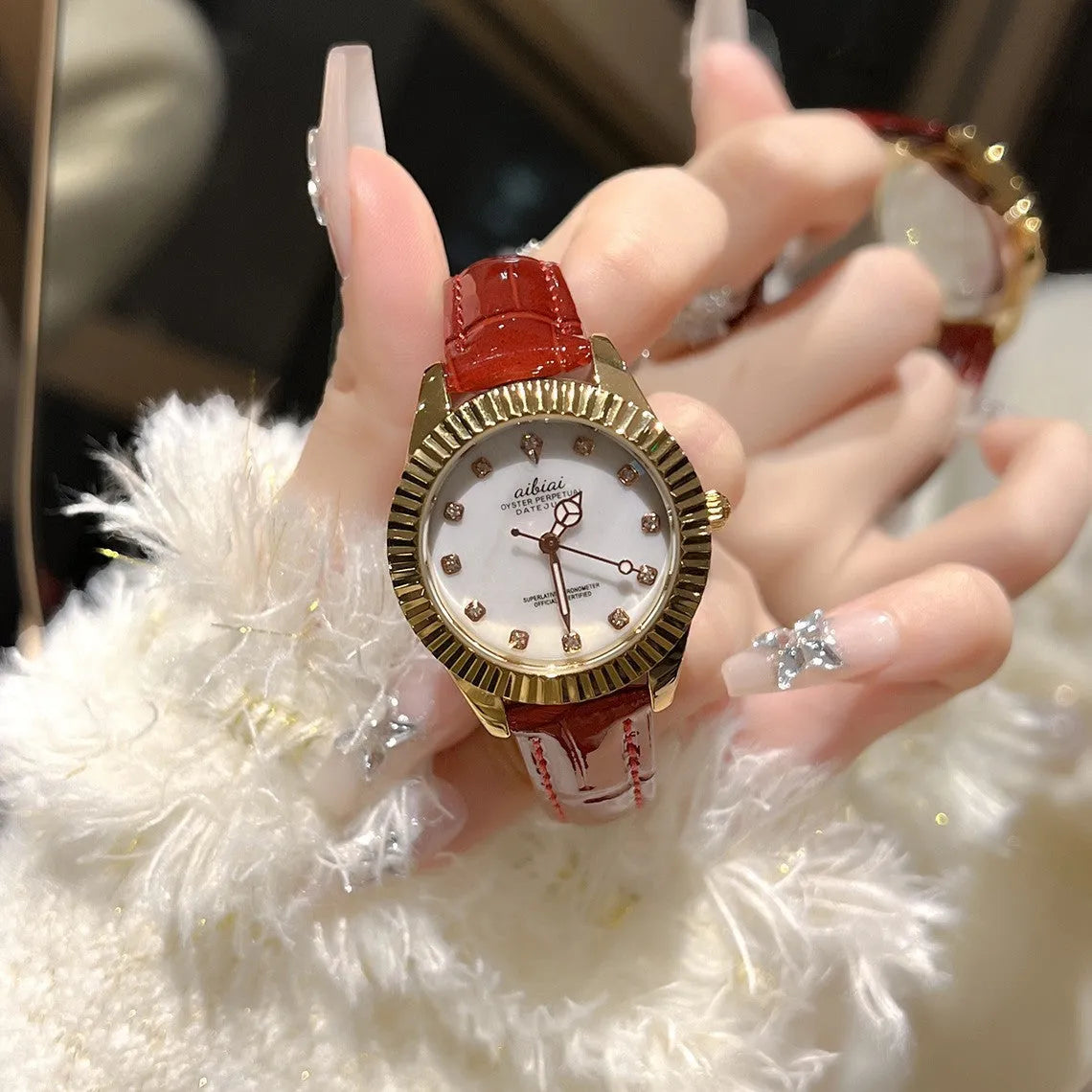 Steel watch for women with rose shell dial and black leather strap