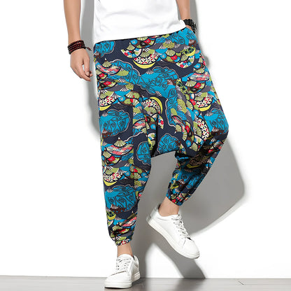 Summer bohemian loose wide-leg cotton trousers in Tibetan blue elephant flower print, mid-waist nine-point length 70-82cm, sizes M-5XL