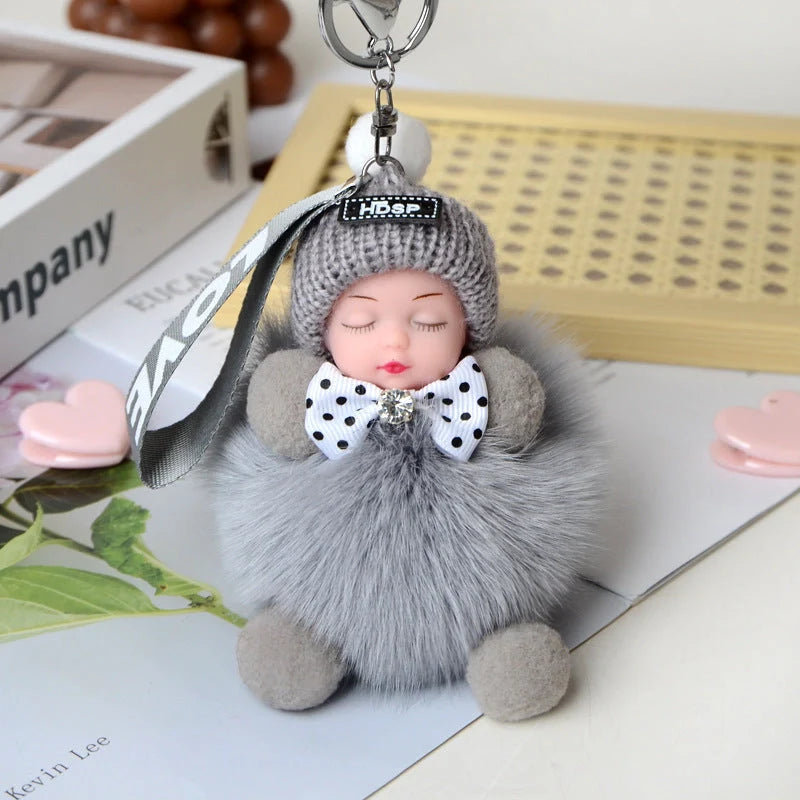 Hand-woven fox fur sleeping doll plush keychain pendant with or without bow