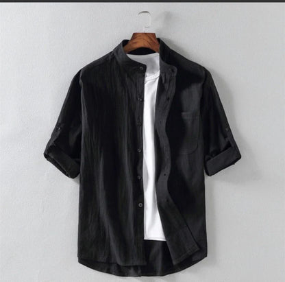 Men's linen stand collar loose shirt in white, black, and green with embossing detail