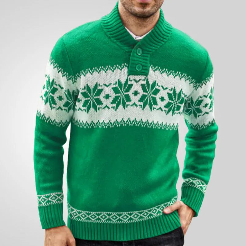 Men's green long sleeve thick jacquard knitted pullover sweater on model