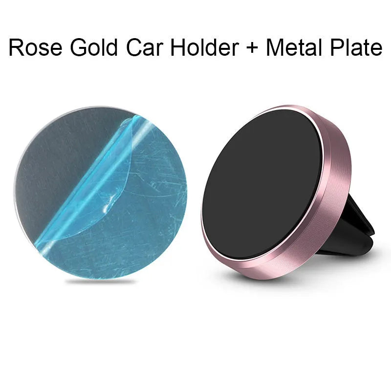 Rotating car magnetic phone holder in black on a dashboard air vent with a smartphone attached