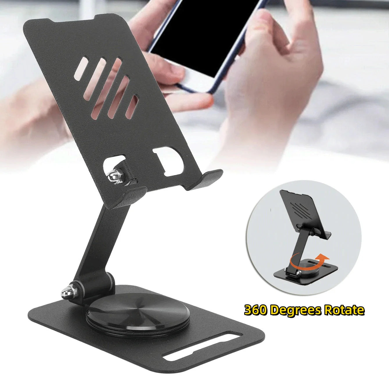 360-degree rotating metal stand for mobile phones and tablets in black, white, and silver