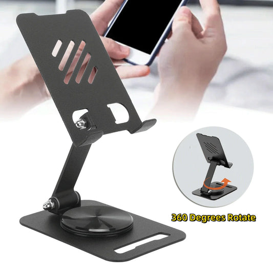 360-degree rotating metal stand for mobile phones and tablets in black, white, and silver