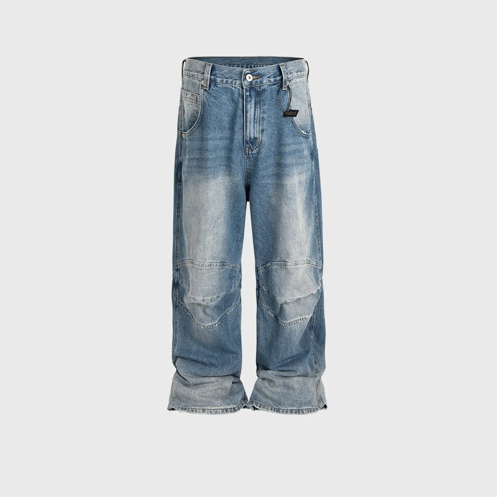 Men's blue profile pleated baggy jeans with straight-leg cut and zip fly