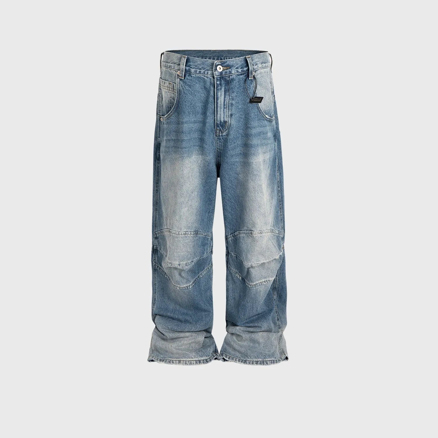 Men's blue profile pleated baggy jeans with straight-leg cut and zip fly