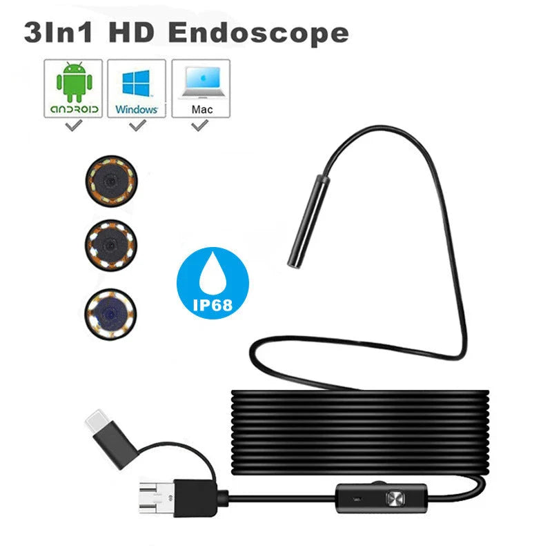 3-in-1 USB endoscope camera with adjustable LED lights, waterproof design, and high-resolution 1200P CMOS sensor