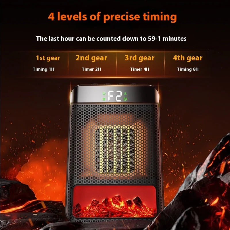 Portable 1500W PTC fan heater with 3D dynamic flame effect in black