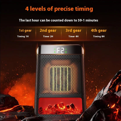 Portable 1500W PTC fan heater with 3D dynamic flame effect in black