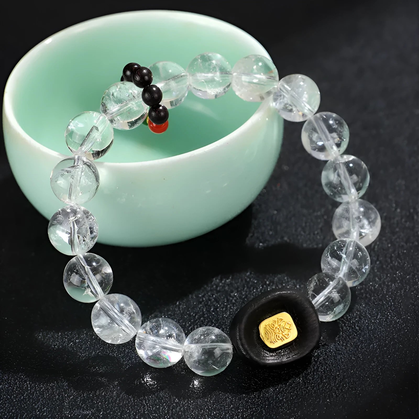 Natural white crystal ebony five warp bracelet showing manual processing and ethnic design details