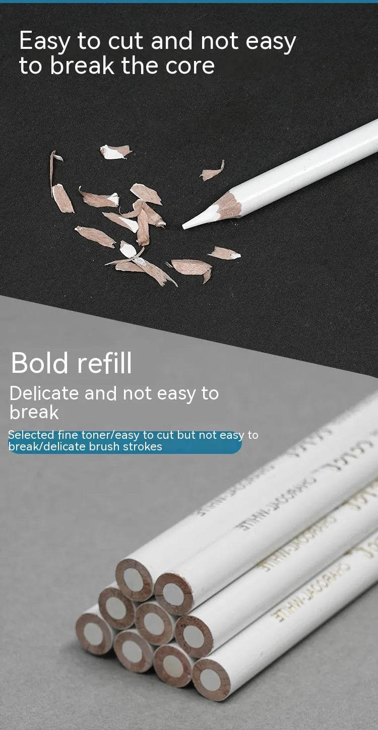 Three white charcoal highlighting pencils with wooden casings for sketching on dark paper
