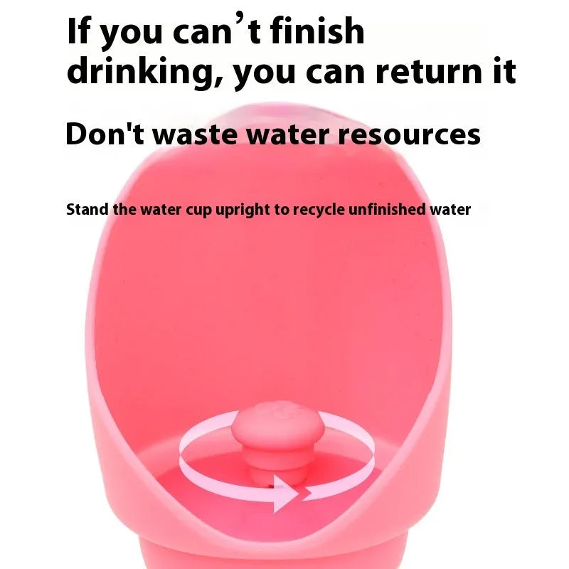 Silicone folding pet water cup shown in pink, collapsed for storage and opened for use