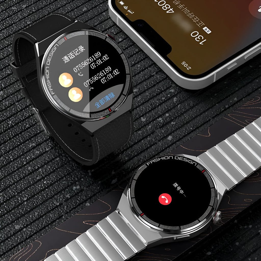 Black smartwatch with 1.28 inch screen on a silicone strap, showing health metrics display.