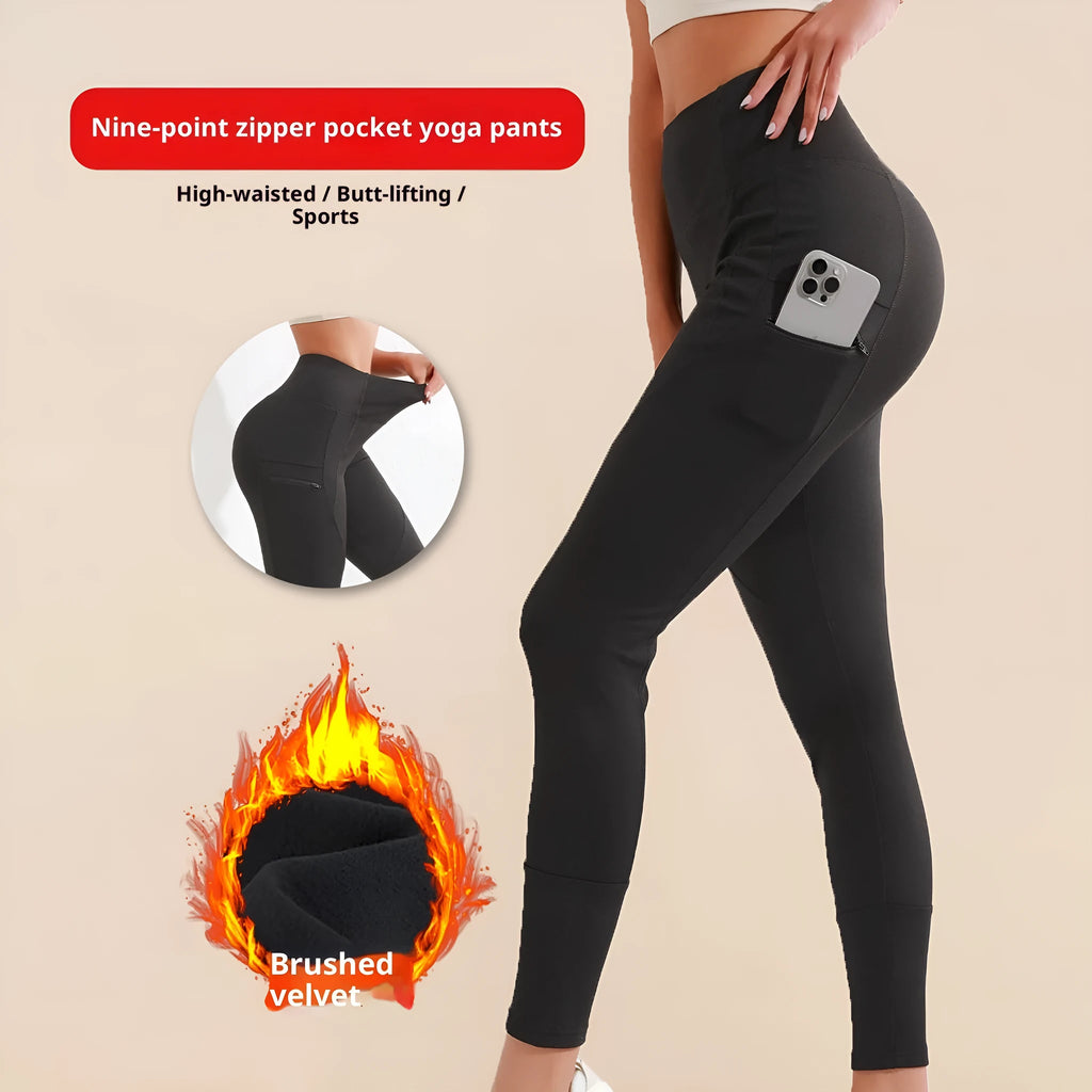 Black women's high waist elastic leggings with zipper pocket, cropped length, polyester spandex blend
