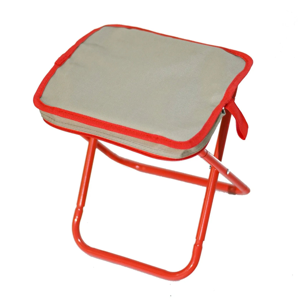 Lightweight foldable camp chair stool in oxford cloth shown in khaki colour, folded compactly.