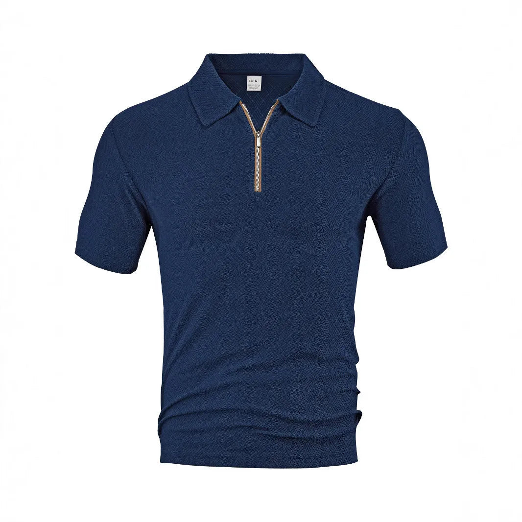Men's loose zippered short sleeve casual shirt in navy blue with polyester fabric