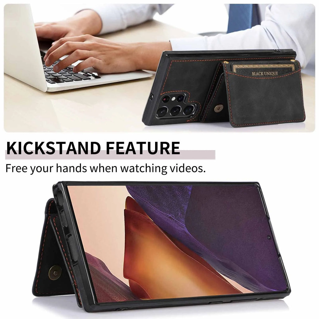 Three-fold wallet card-inserting phone case for Samsung in black, showing card slots and back cover design