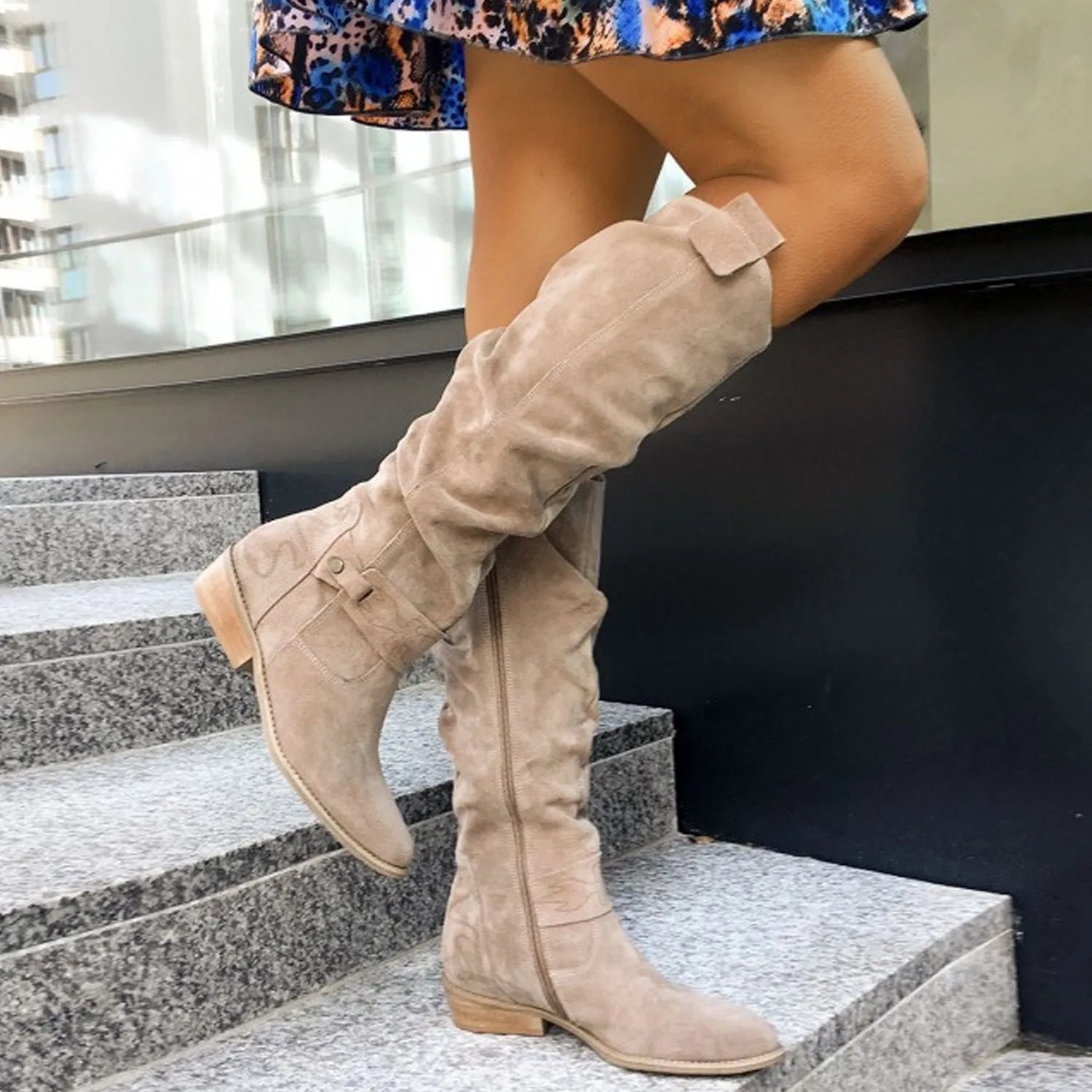 Women's low heel side zipper suede high boots in solid colour, square heel, round toe, metal detail